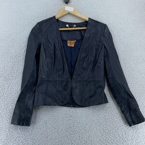 Tory Burch Leather Blazer Jacket Womens 2 CROP FIT Blue Fitted‎ Lined Minimalist